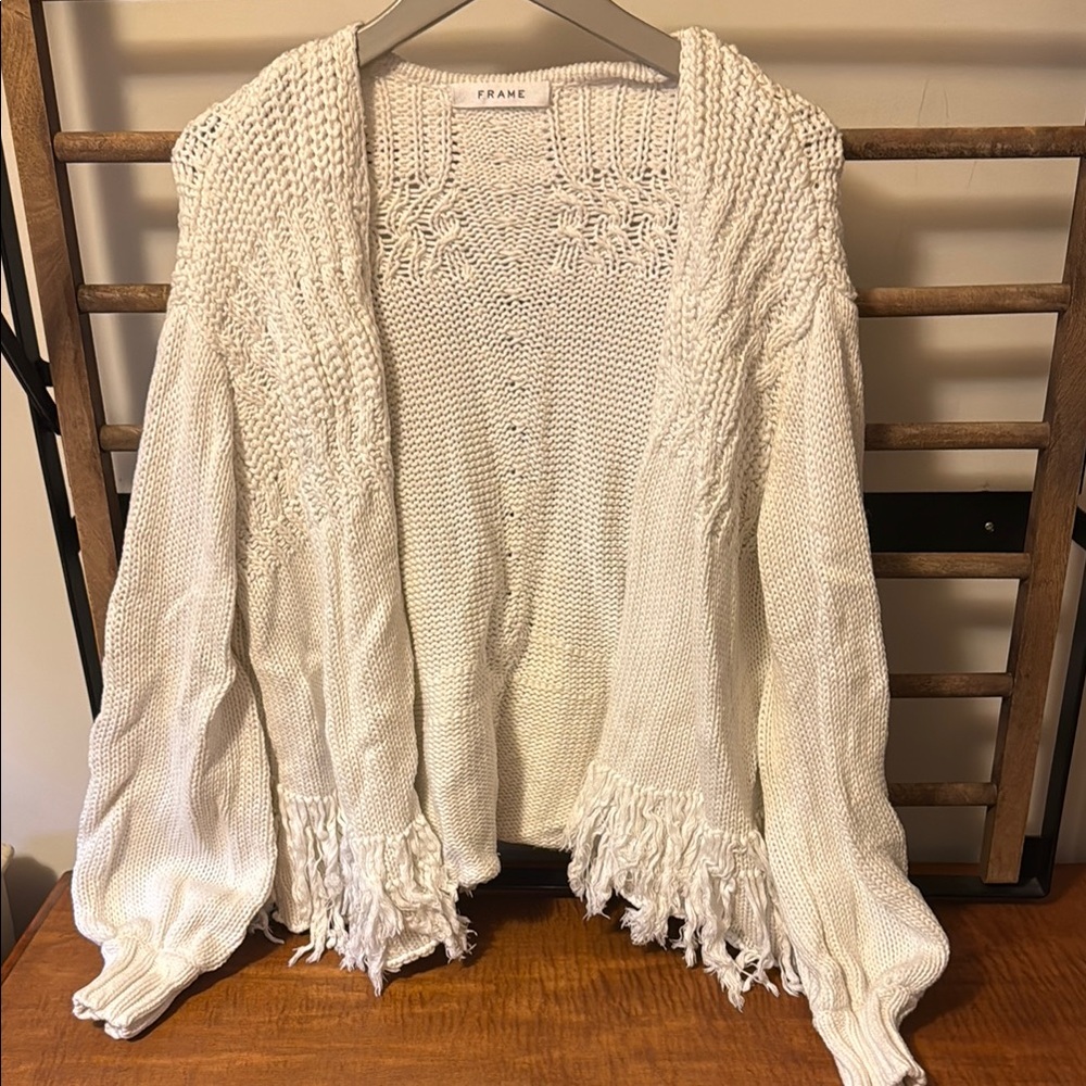 Frame Denim White Cardigan Sweater with Fringe